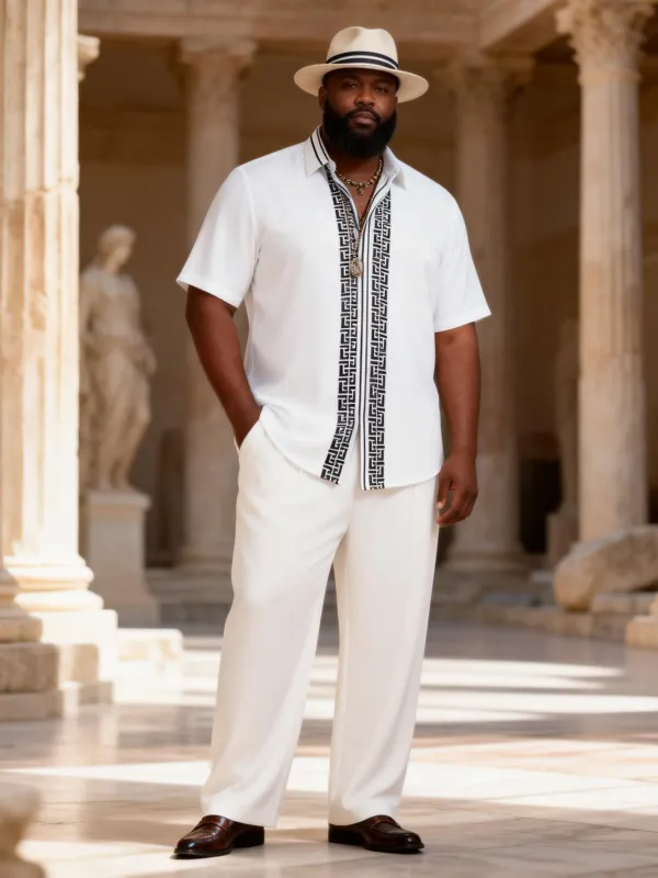 Big & Tall Men's Vintage Striped Print Short Sleeve Shirt Trousers Set made by Biggmans