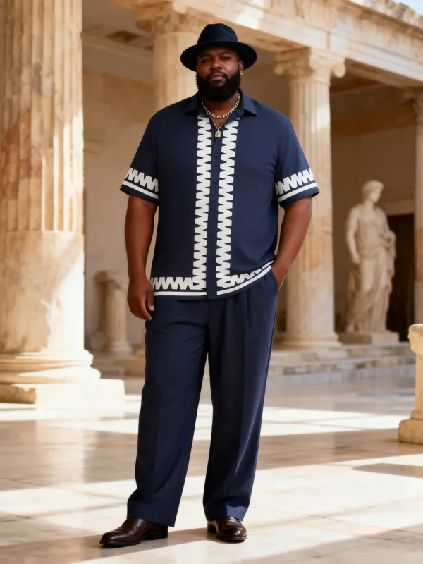 Big & Tall Men's Navy Blue Wavy Print Short Sleeve Shirt Trousers Set made by Biggmans