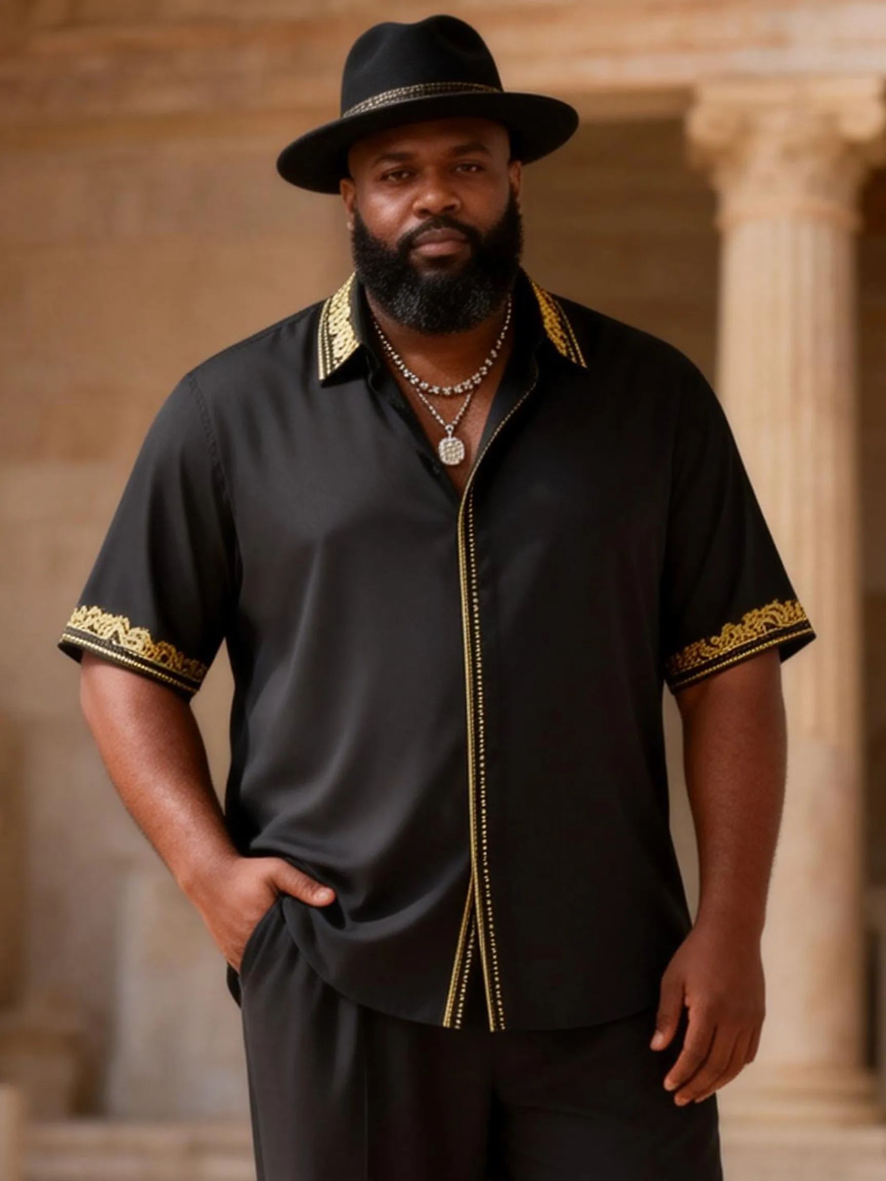 Big & Tall Men's Black Gold Trim Light Luxury Printed Short-sleeved Shirt Pants Set sold by Biggmans product image thumbnail 2