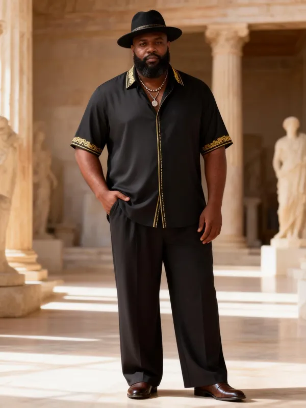 Big & Tall Men's Black Gold Trim Light Luxury Printed Short-sleeved Shirt Pants Set made by Biggmans