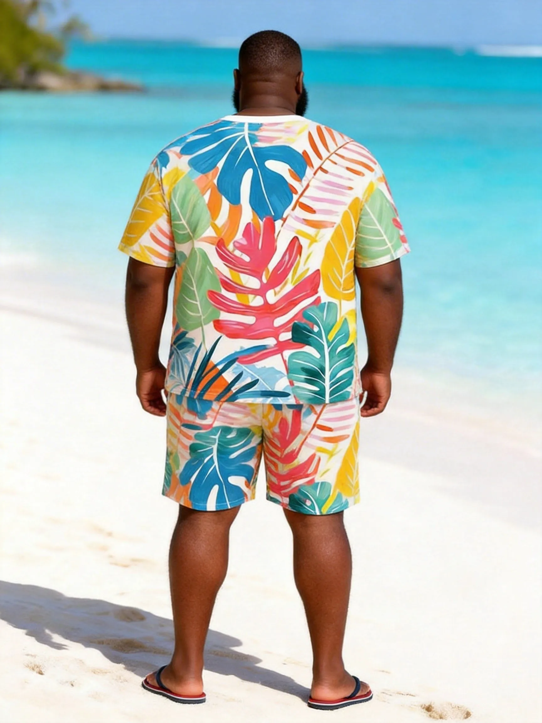 Big & Tall Men's Watercolor Tropical Plant Print Round Neck Short Sleeve T-Shirt Shorts Set sold by Biggmans product image thumbnail 4