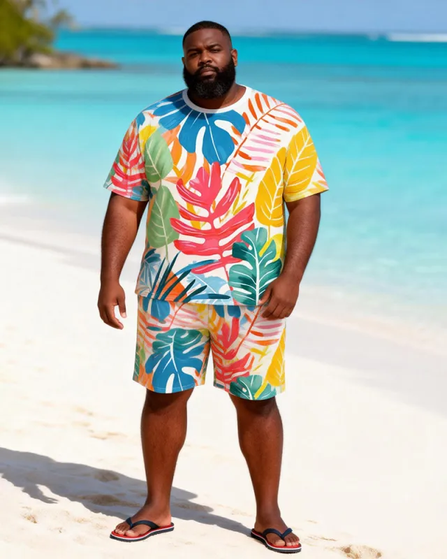 Big & Tall Men's Watercolor Tropical Plant Print Round Neck Short Sleeve T-Shirt Shorts Set made by Biggmans