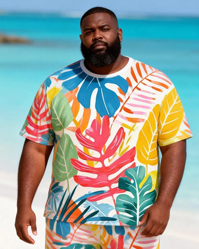 Big & Tall Men's Watercolor Tropical Plant Print Round Neck Short Sleeve T-Shirt Shorts Set sold by Biggmans product image thumbnail 2