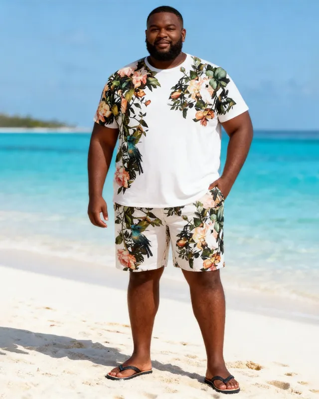 Big & Tall Men's Flower And Bird Print Round Neck Short Sleeve T-Shirt Shorts Set made by Biggmans