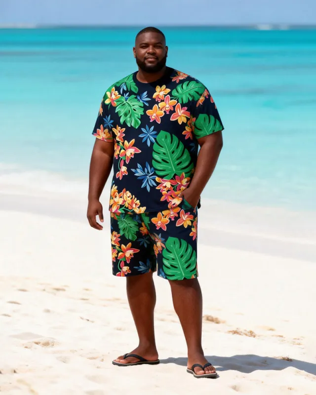 Big & Tall Men's Tropical Floral Tortoise Leaf Printed Round Neck Short Sleeve T-Shirt Shorts Set made by Biggmans