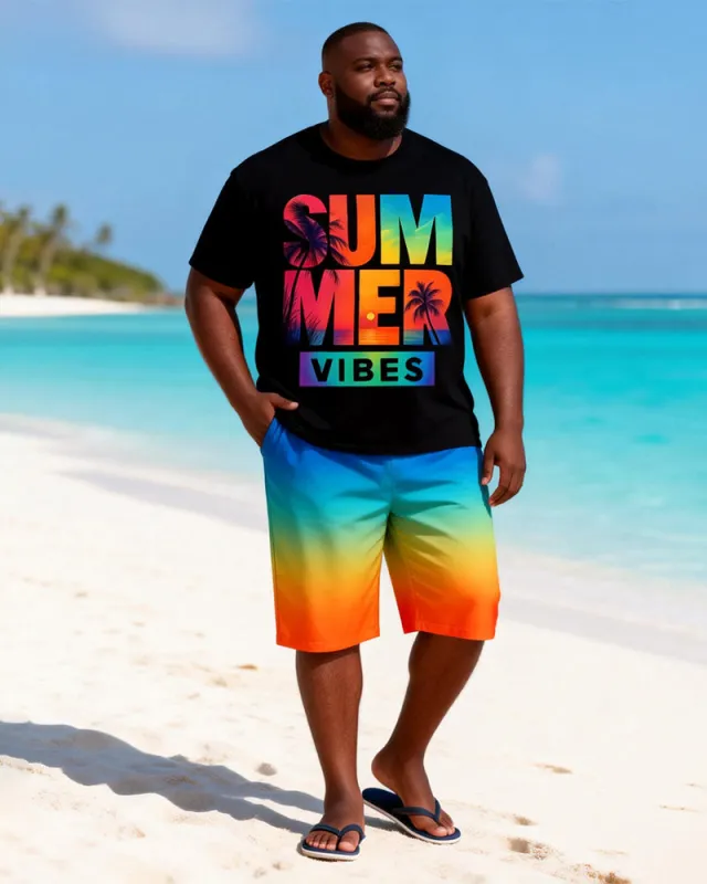 Big & Tall Men's Summer Rainbow Gradient Print Crewneck Short-sleeved T-shirt Shorts Set made by Biggmans