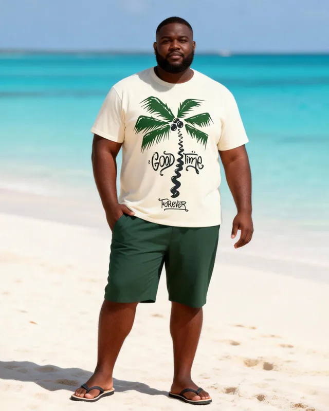 Big & Tall Men's Coconut Tree Graffiti Print Round Neck Short Sleeve T-Shirt Shorts Set made by Biggmans