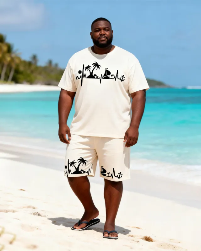 Big & Tall Men's White Beach ECG Printed Crewneck Short Sleeve T-Shirt Shorts Set made by Biggmans