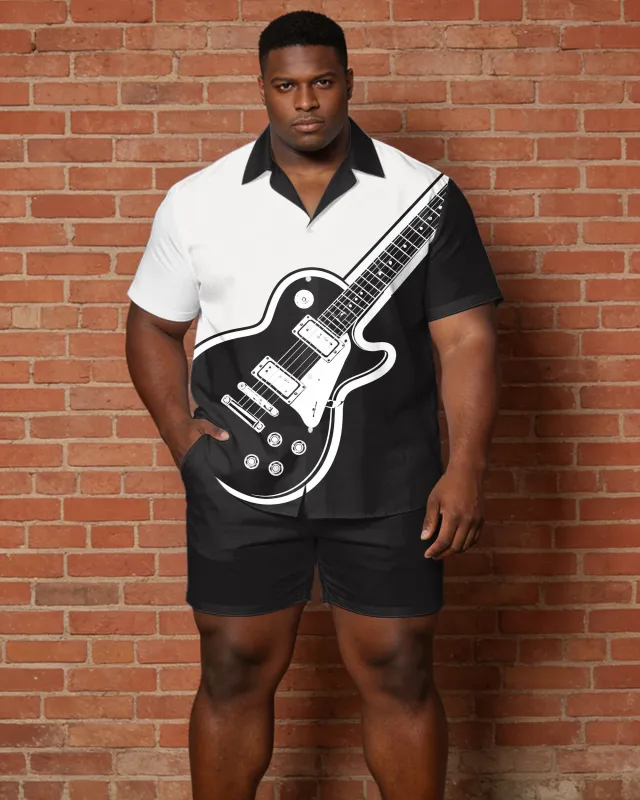 Big & Tall Men's Music Black & White Guitar Print Short Sleeve Shirt Shorts Set made by Biggmans