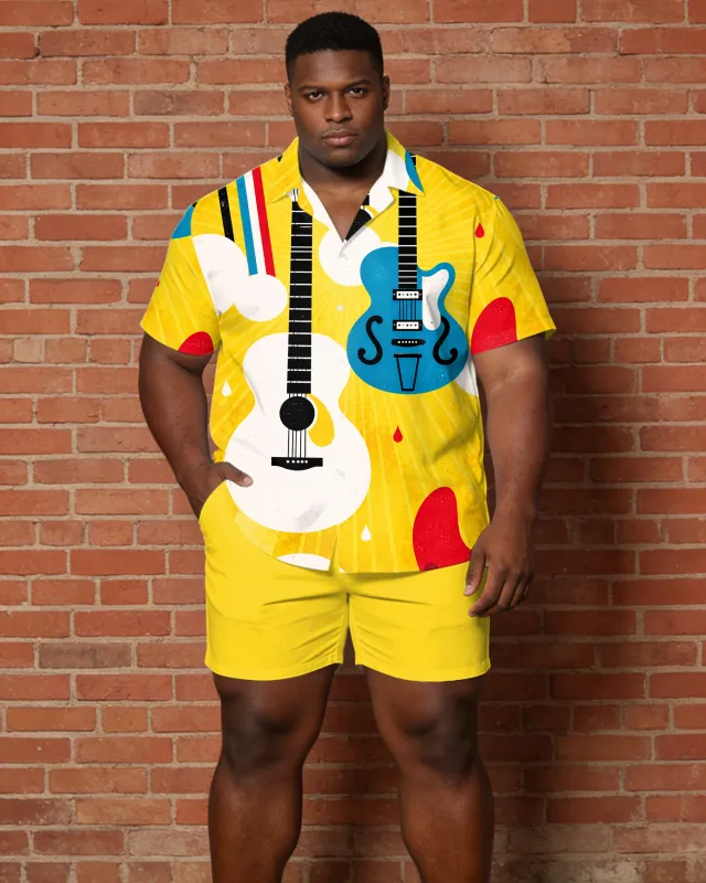 Big & Tall Men's Music Pattern Printed Yellow Short Sleeve Shirt Shorts Set made by Biggmans
