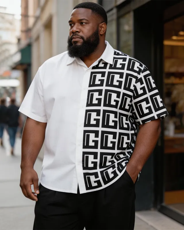 Big & Tall Men's Black And White Letter Print Short Sleeve Shirt made by Biggmans