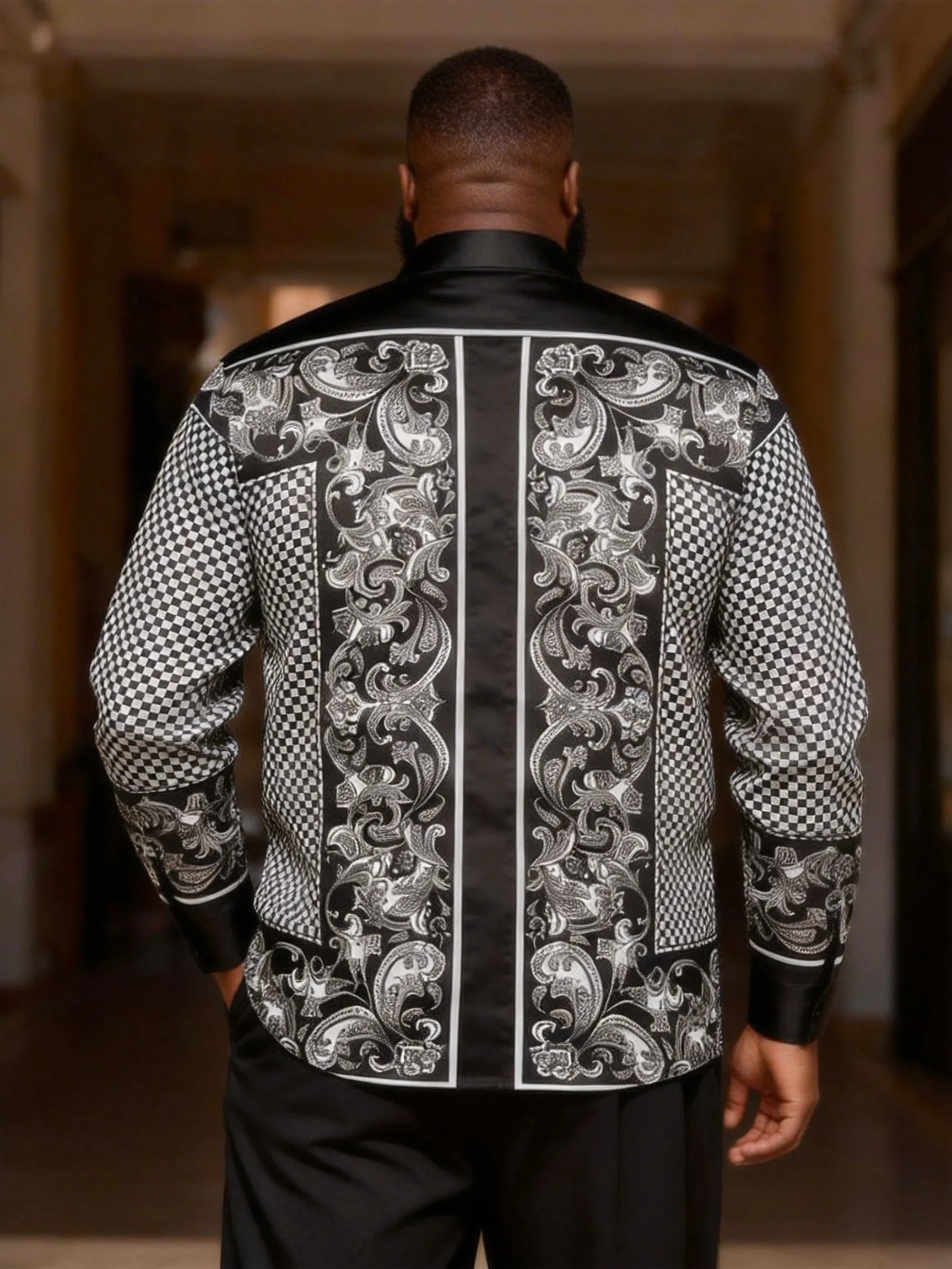 Big & Tall Men's Cashew Flower Checkerboard Printed Long Sleeve Shirt sold by Biggmans product image thumbnail 2
