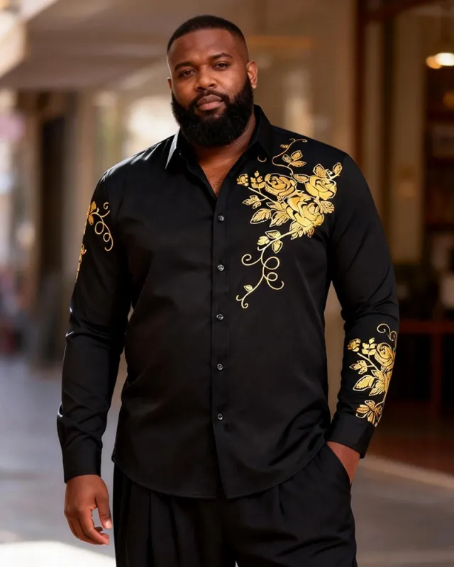 Big & Tall Men's Simple Black And Gold Rose Print Long Sleeve Shirt made by Biggmans