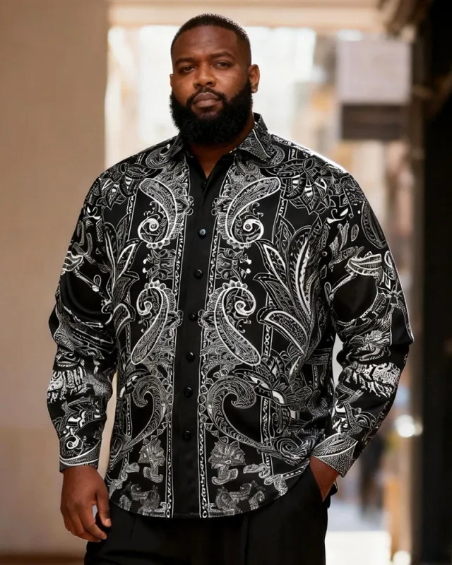 Big & Tall Men's Vintage Black And White Cashew Flower Print Long Sleeve Shirt sold by Biggmans