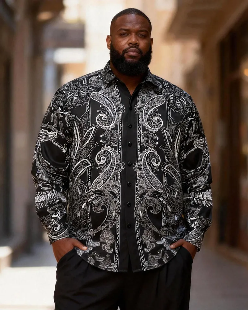 Big & Tall Men's Vintage Black And White Cashew Flower Print Long Sleeve Shirt sold by Biggmans product image thumbnail 2