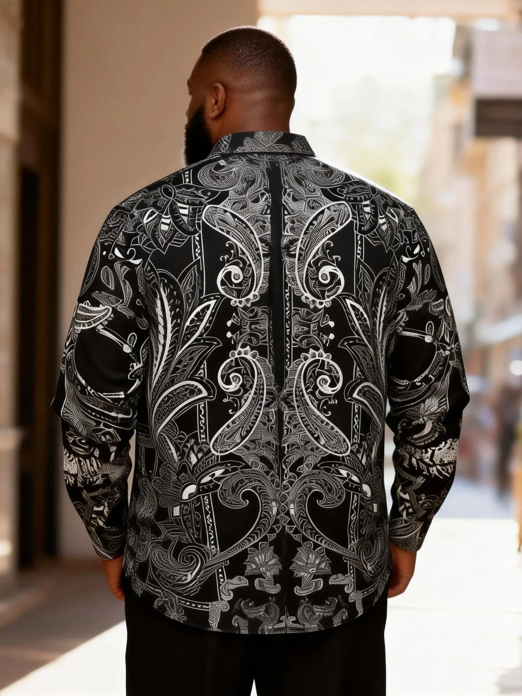 Big & Tall Men's Vintage Black And White Cashew Flower Print Long Sleeve Shirt sold by Biggmans product image thumbnail 3