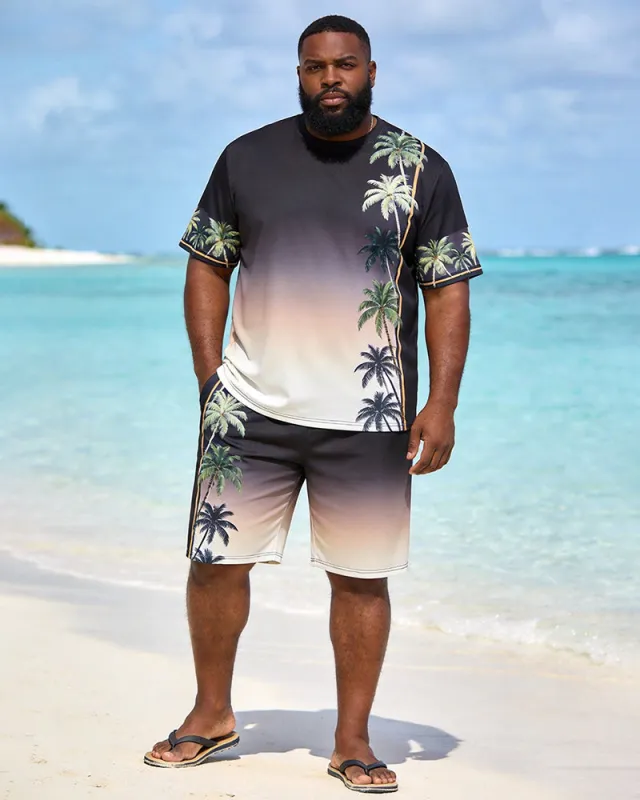 Big & Tall Men's Black Coconut Tree Gradient Print Crewneck Short Sleeve T-Shirt Shorts Set made by Biggmans