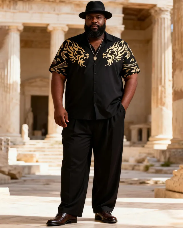 Big & Tall Men's Black Gold Double Lion Flame Print Short Sleeve Shirt Pants Set made by Biggmans