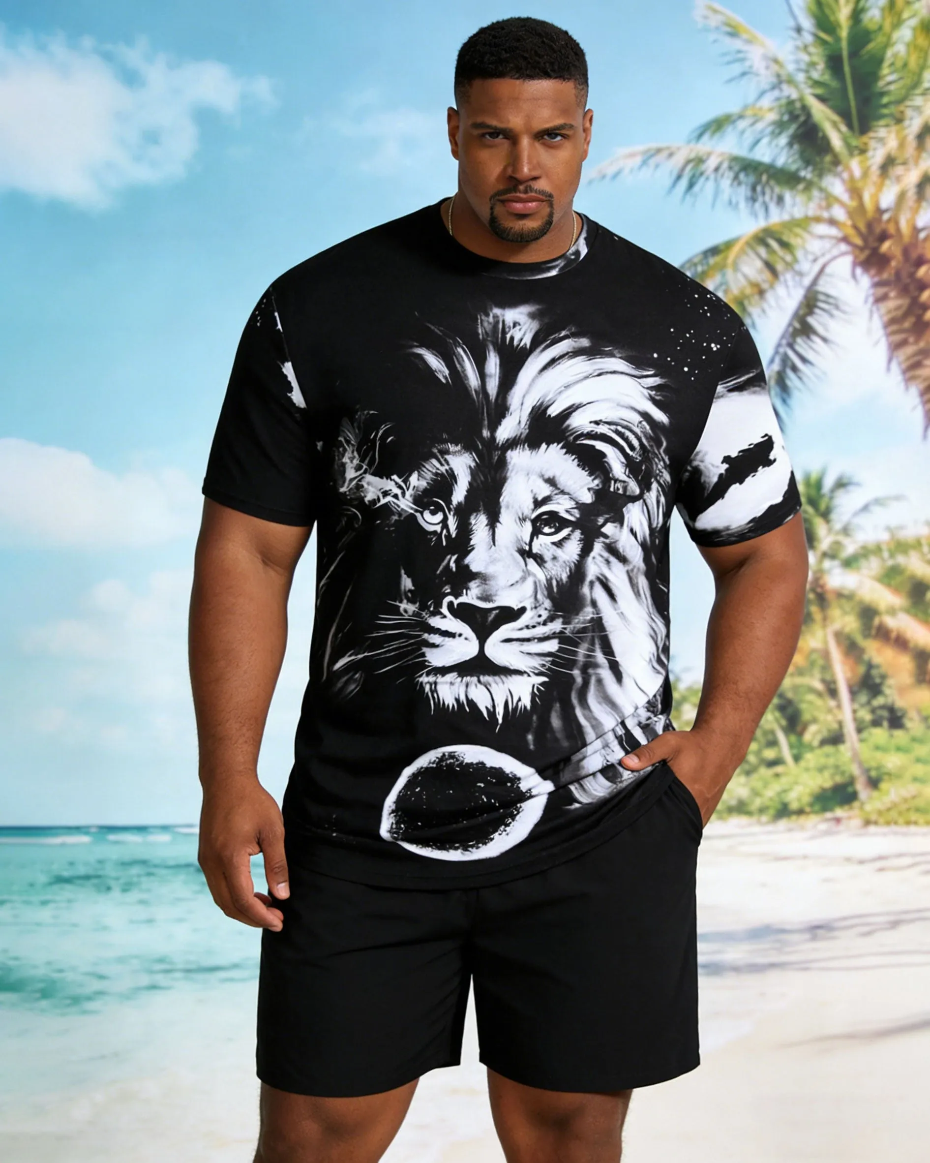 Big & Tall Men's Lion King Pattern Positioning Print Black Short Sleeve T-Shirt Shorts Set sold by Biggmans