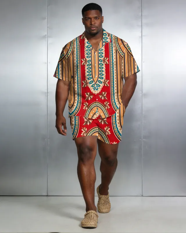 Men's Large Size Red Retro Short Sleeve Shirt Shorts Set made by Biggmans
