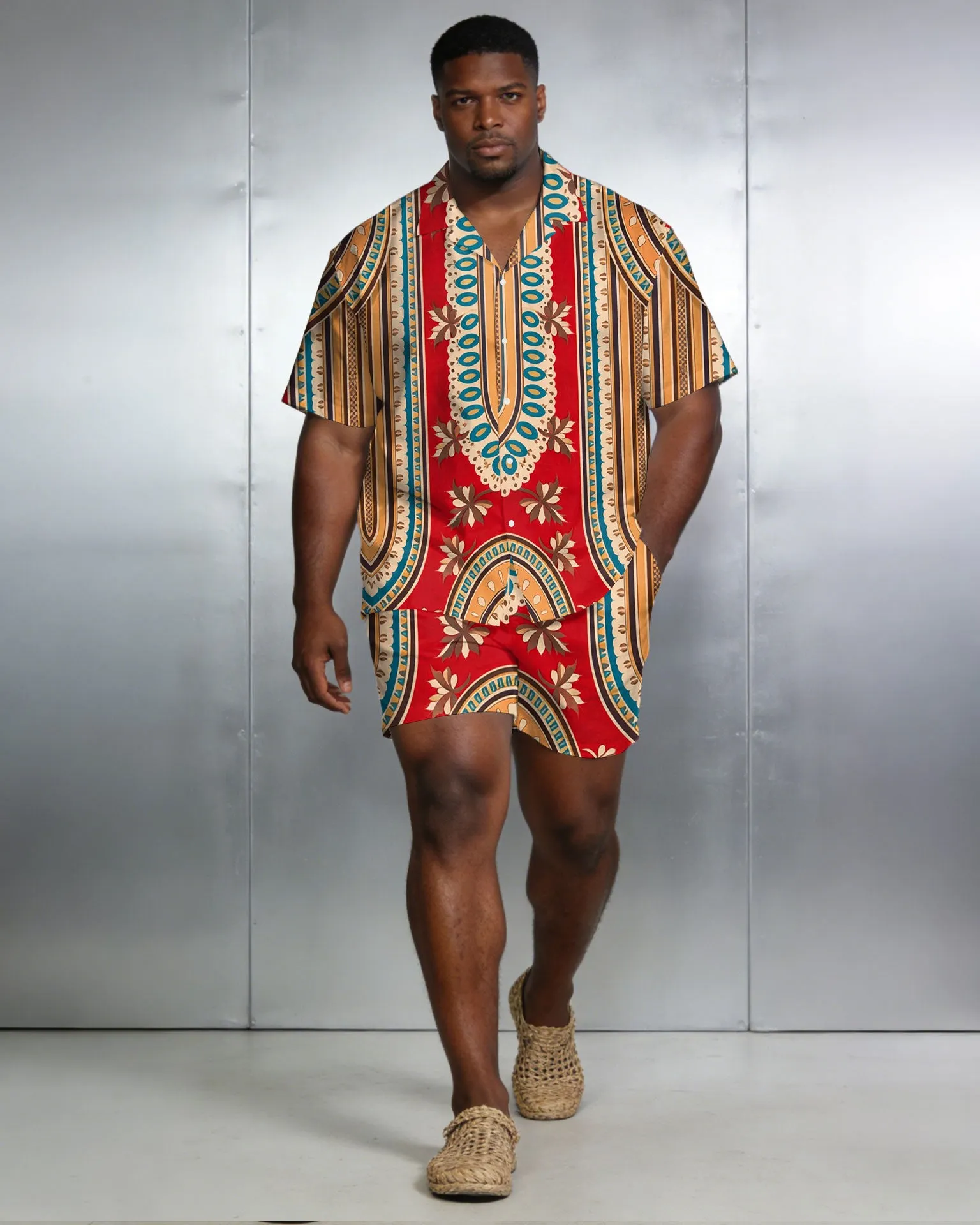 Men's Large Size Red Retro Short Sleeve Shirt Shorts Set sold by Biggmans