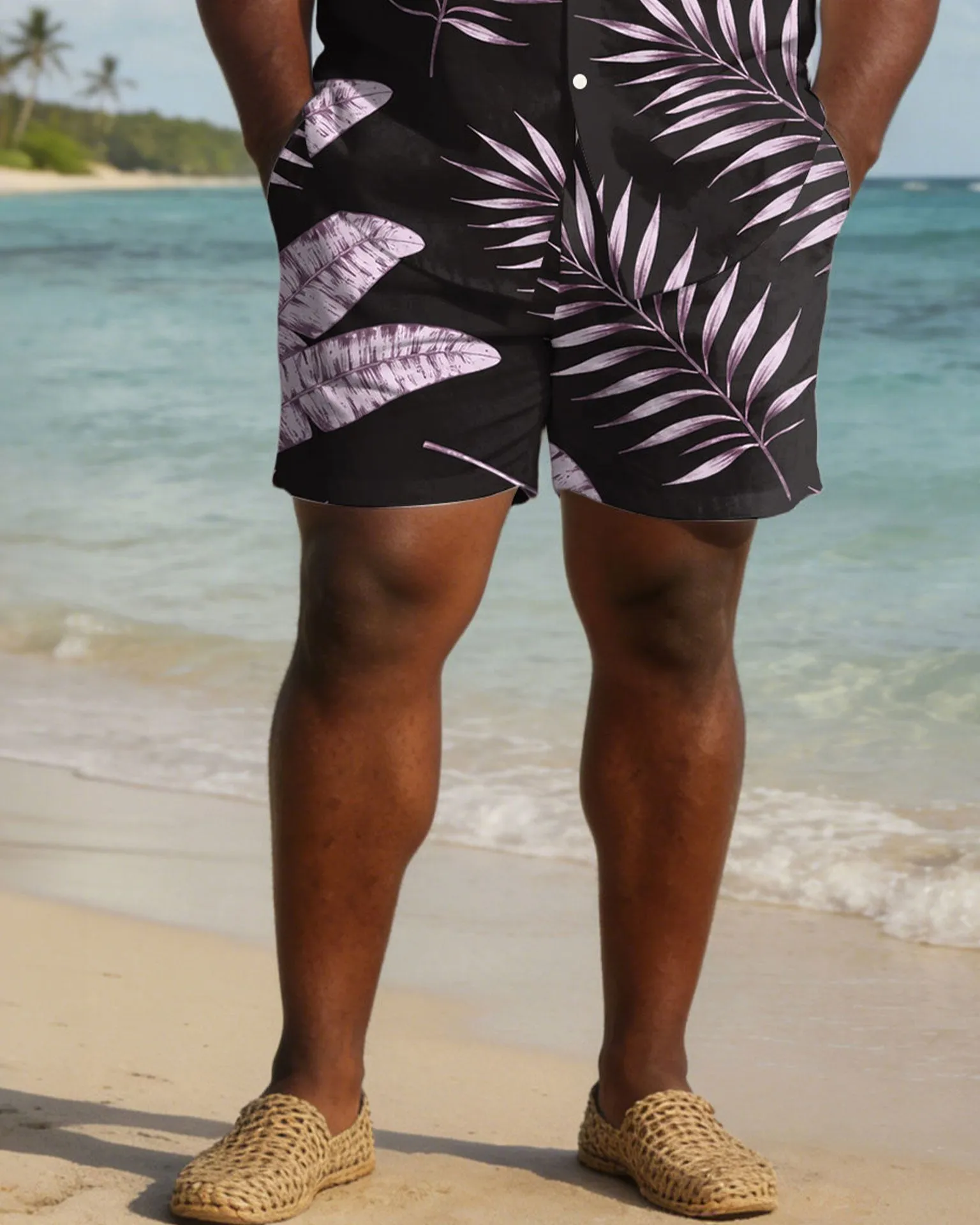 Men's Plus Size Black & Pink Leaf Print Short Sleeve Shirt Shorts Set sold by Biggmans product image thumbnail 3