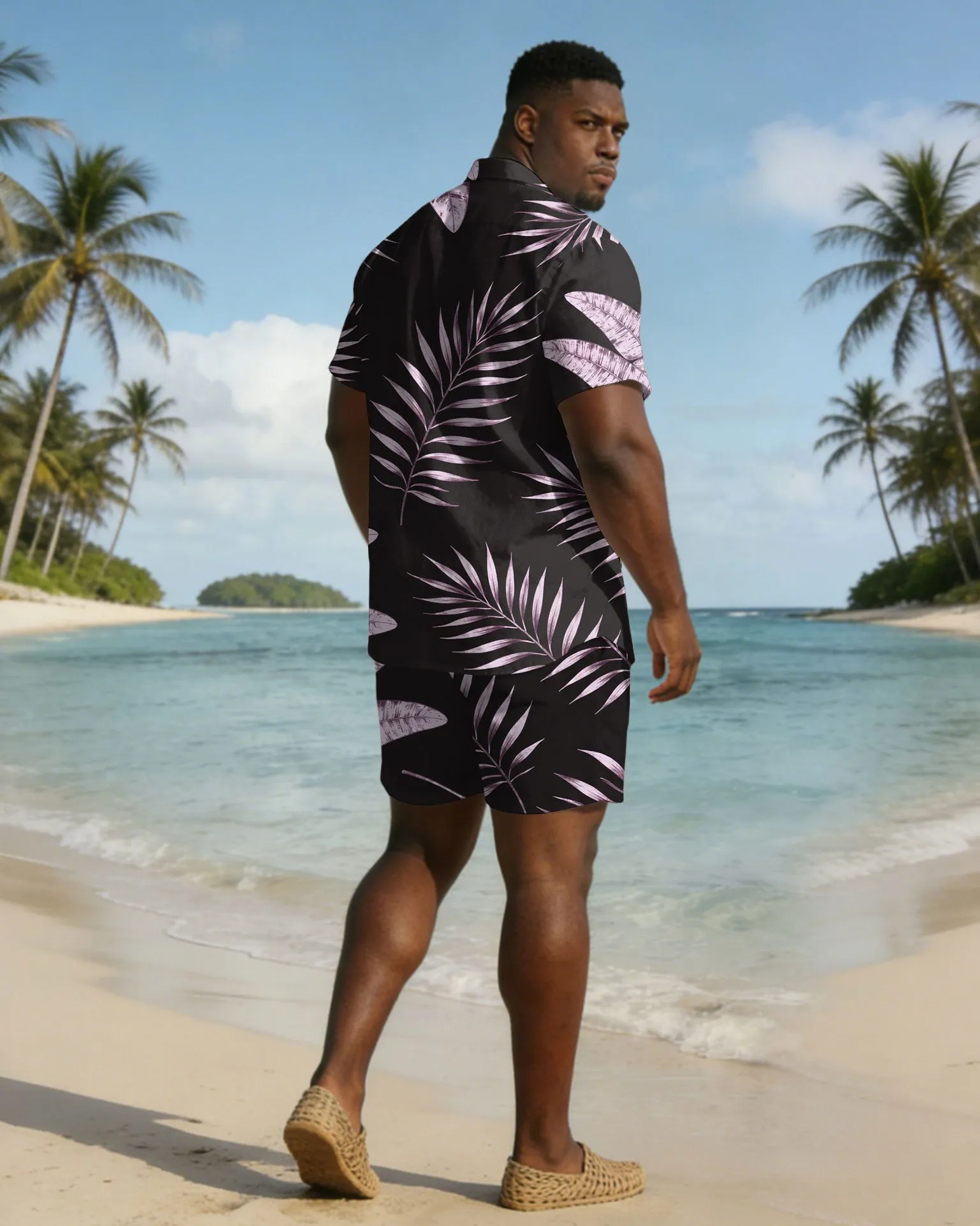 Men's Plus Size Black & Pink Leaf Print Short Sleeve Shirt Shorts Set sold by Biggmans product image thumbnail 4