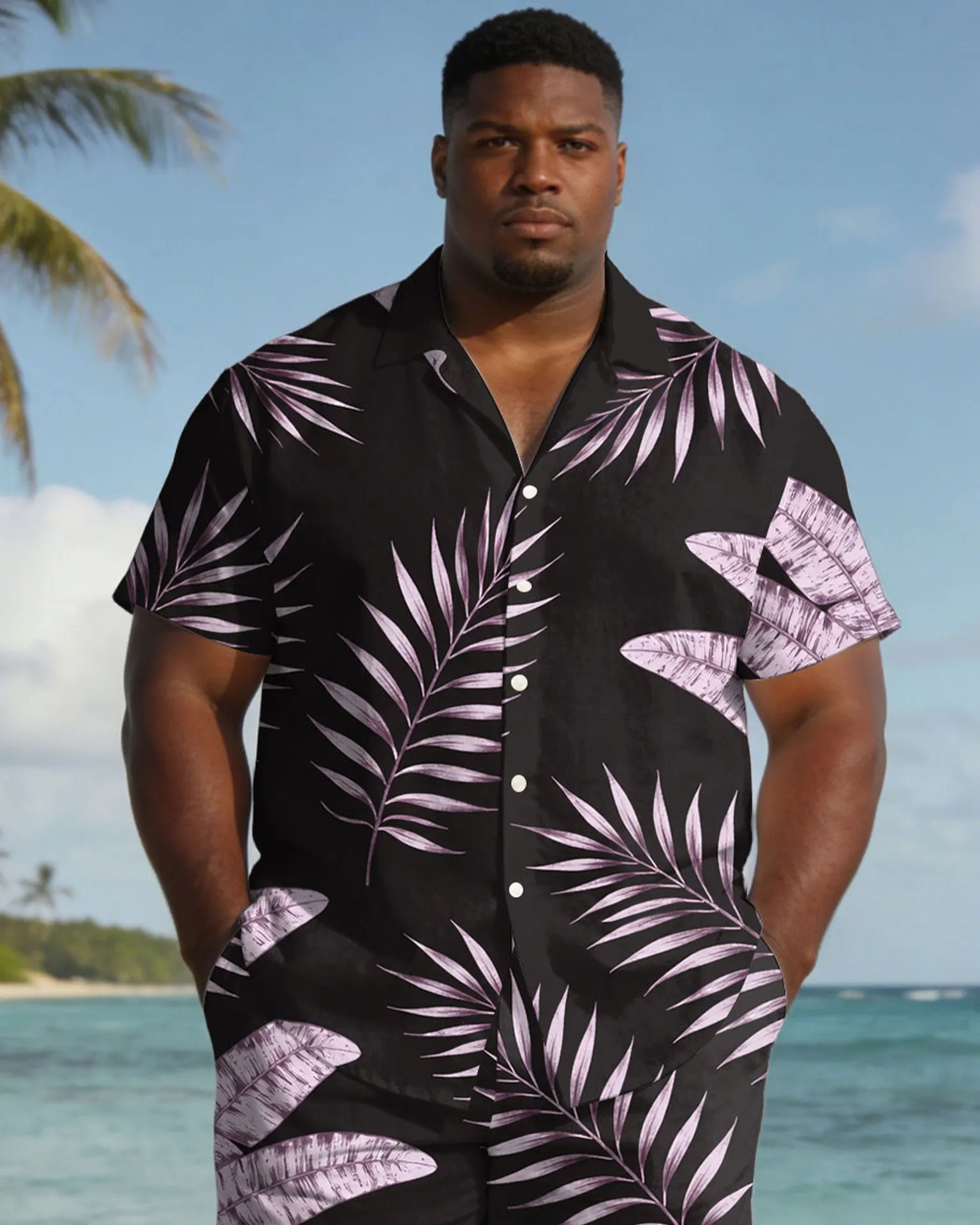 Men's Plus Size Black & Pink Leaf Print Short Sleeve Shirt Shorts Set sold by Biggmans product image thumbnail 2
