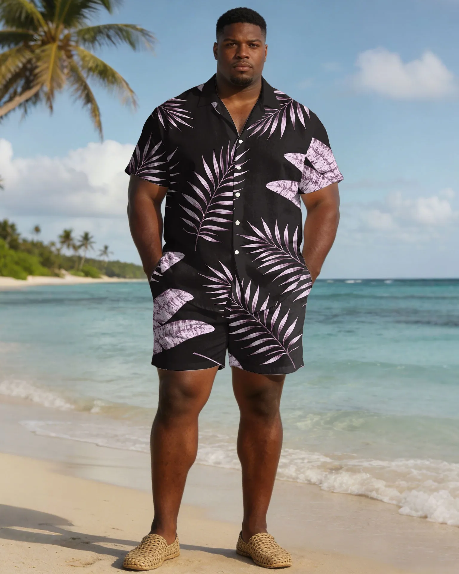 Men's Plus Size Black & Pink Leaf Print Short Sleeve Shirt Shorts Set sold by Biggmans