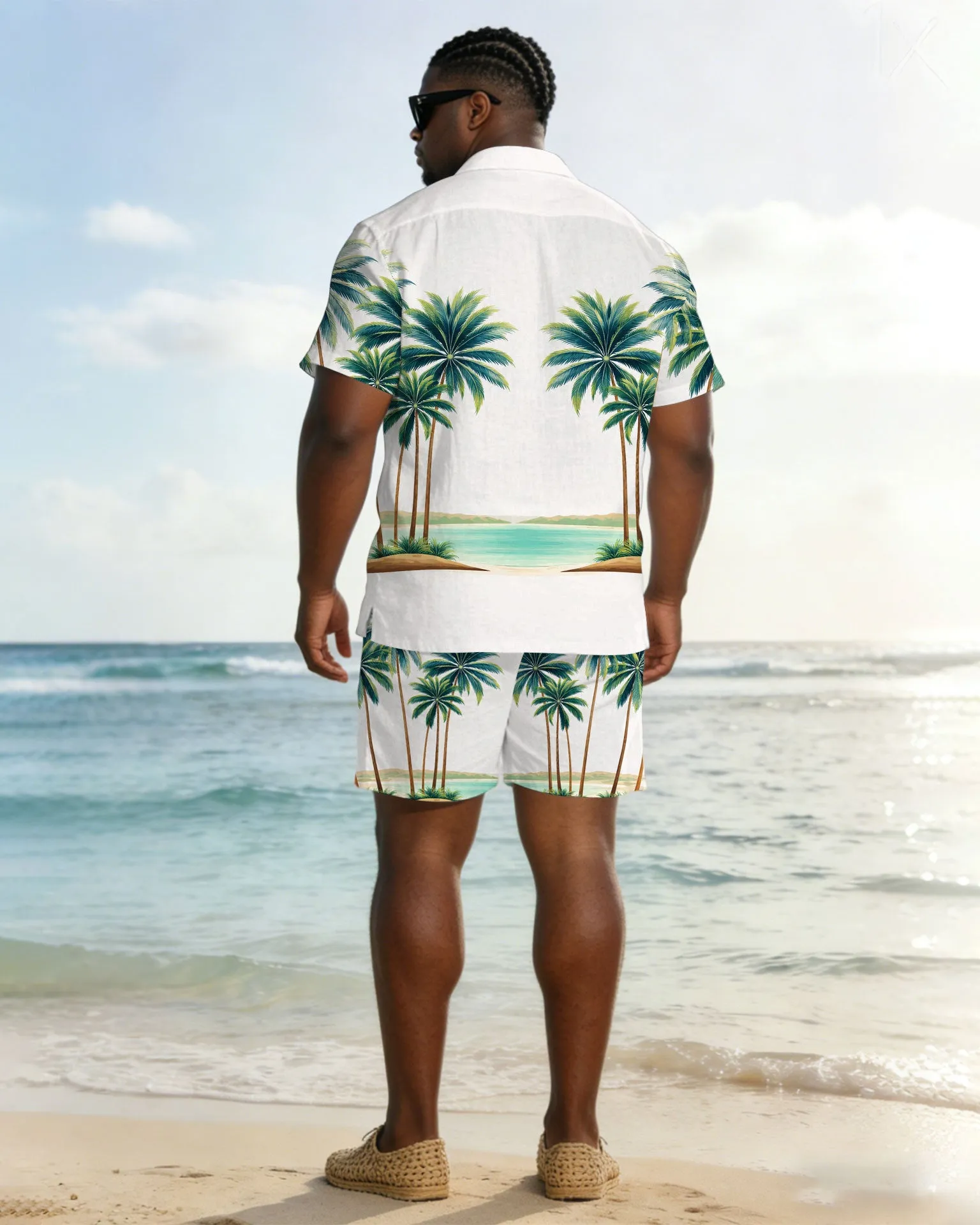 Men's Plus Size White Hawaiian Coconut Tree Positioning Print Short Sleeve Shorts Set sold by Biggmans
