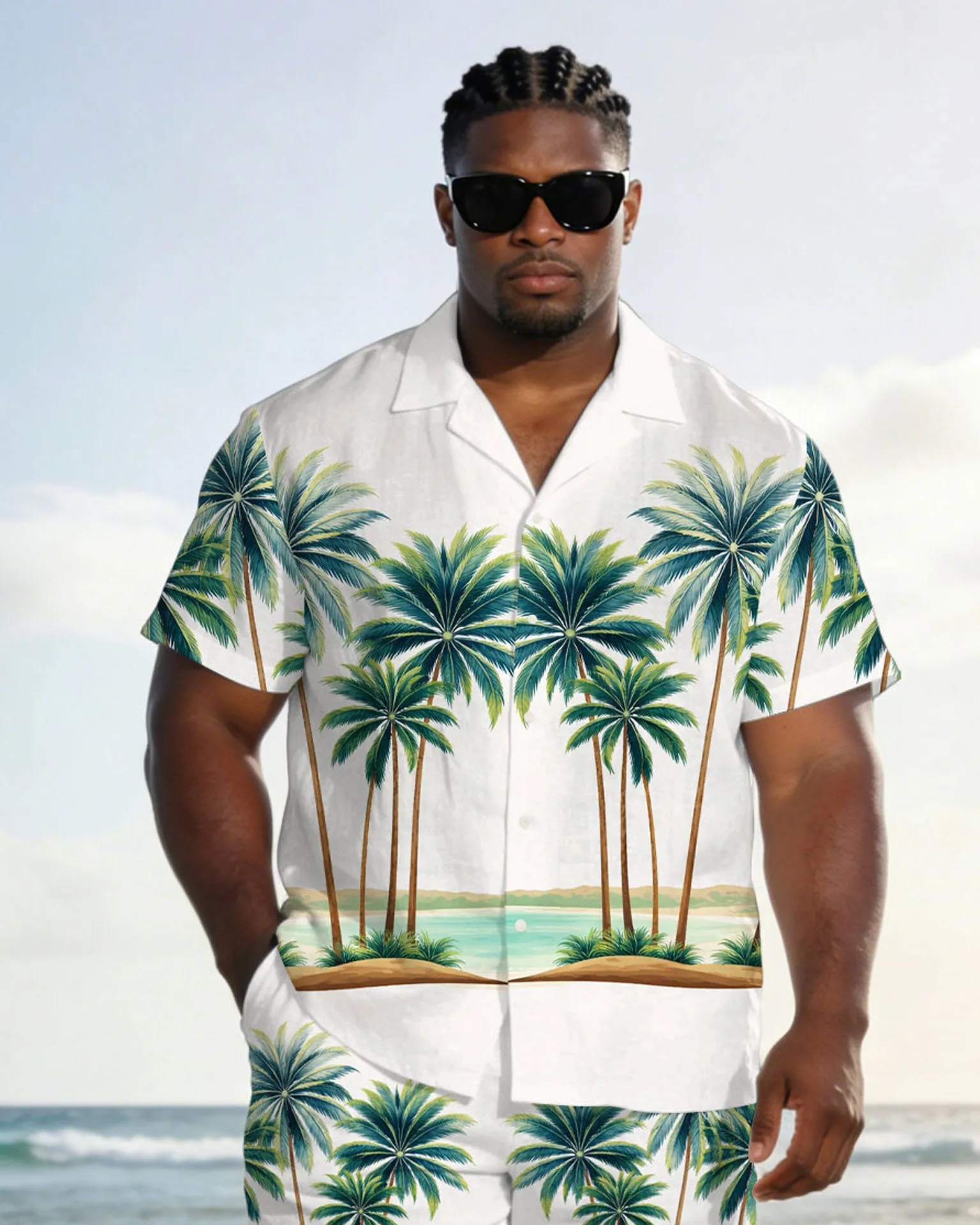 Men's Plus Size White Hawaiian Coconut Tree Positioning Print Short Sleeve Shorts Set sold by Biggmans product image thumbnail 2