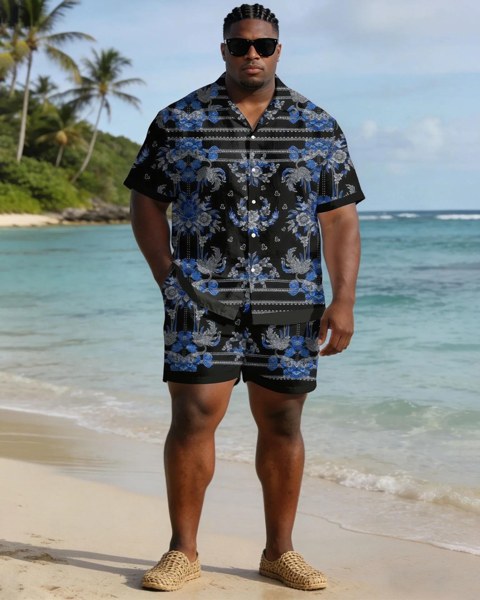 Men's Plus Size Black Pellis Pattern Print Short Sleeve Shirt Shorts Set sold by Biggmans