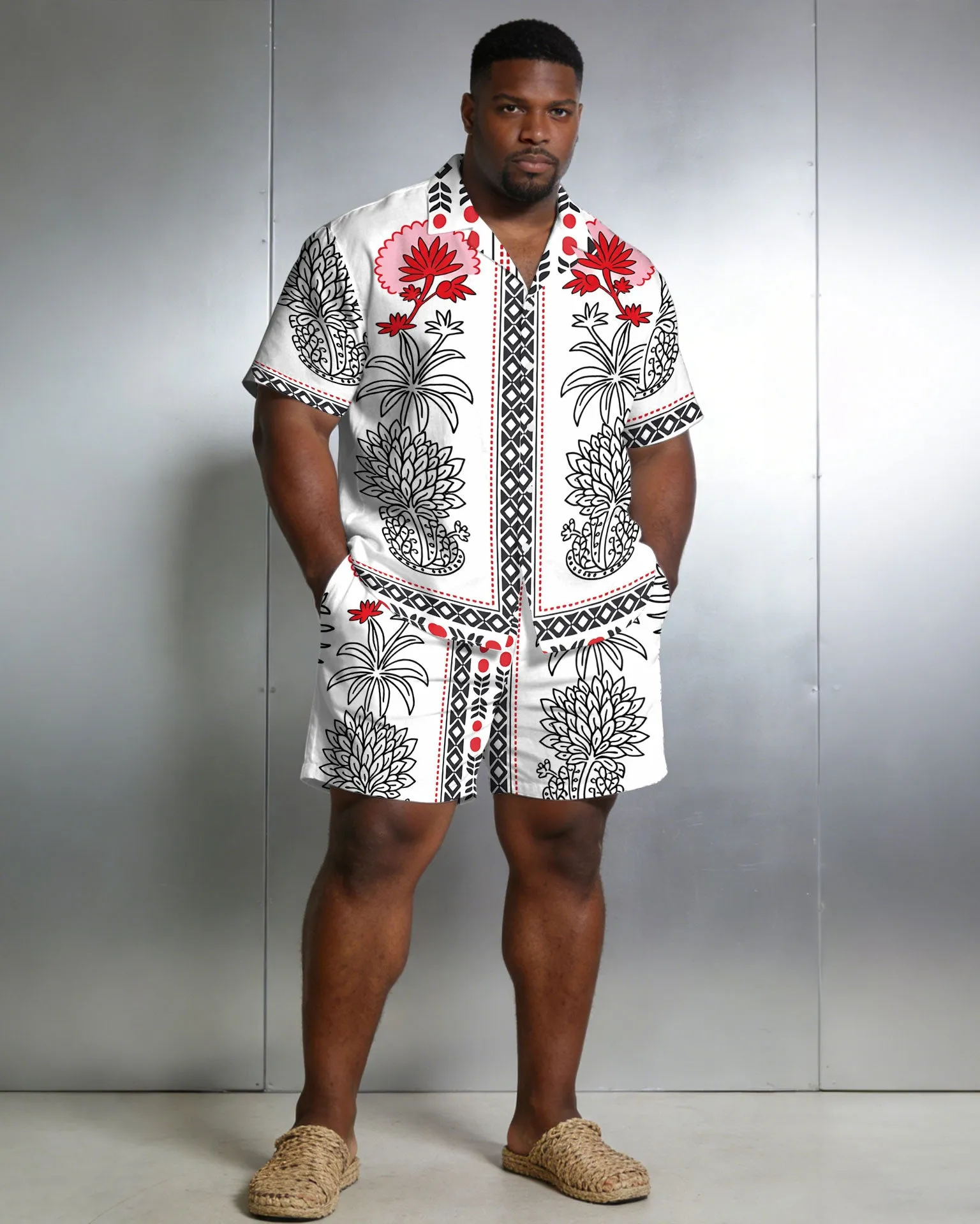 Men's Large Size Symmetrical Print Short Sleeve Shirt And Shorts Set sold by Biggmans