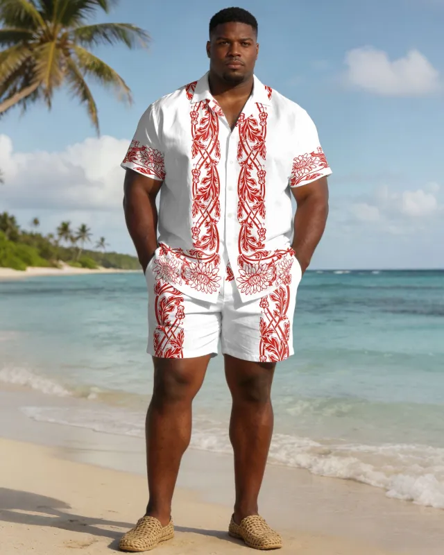 Men's Plus Size White Symmetrical Print Short Sleeve Shirt Shorts Set made by Biggmans