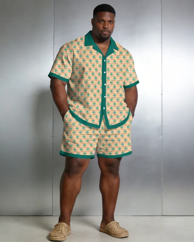 Men's Large Size Geometric Contrast Short Sleeve Shirt Shorts Set made by Biggmans