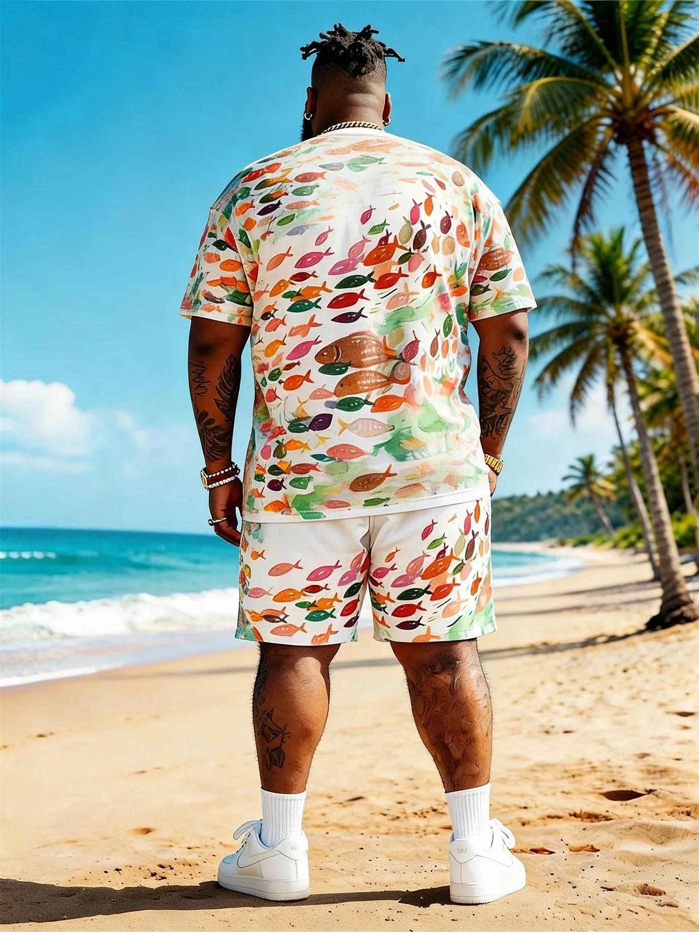 Big & Tall Men's Watercolor Small Fish Print Round Neck Short Sleeve T-Shirt Shorts Set sold by Biggmans product image thumbnail 5