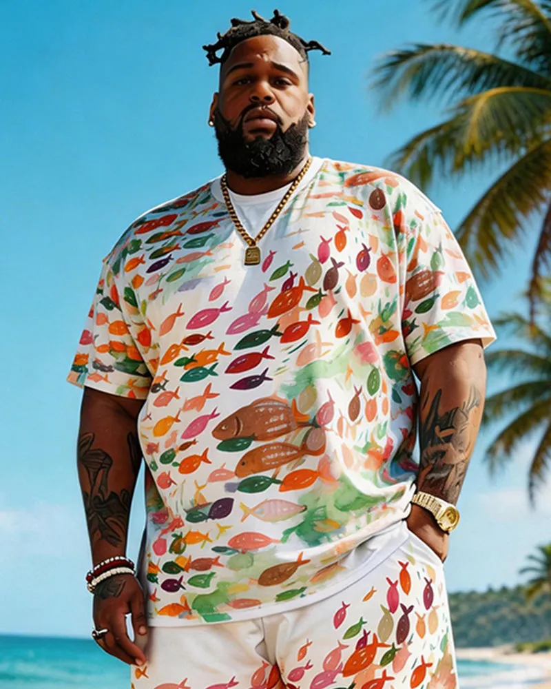 Big & Tall Men's Watercolor Small Fish Print Round Neck Short Sleeve T-Shirt Shorts Set sold by Biggmans product image thumbnail 3