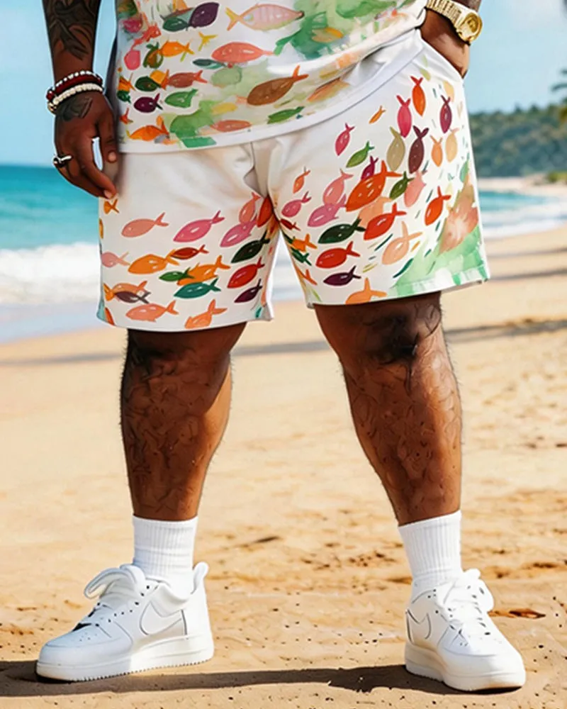 Big & Tall Men's Watercolor Small Fish Print Round Neck Short Sleeve T-Shirt Shorts Set sold by Biggmans product image thumbnail 4
