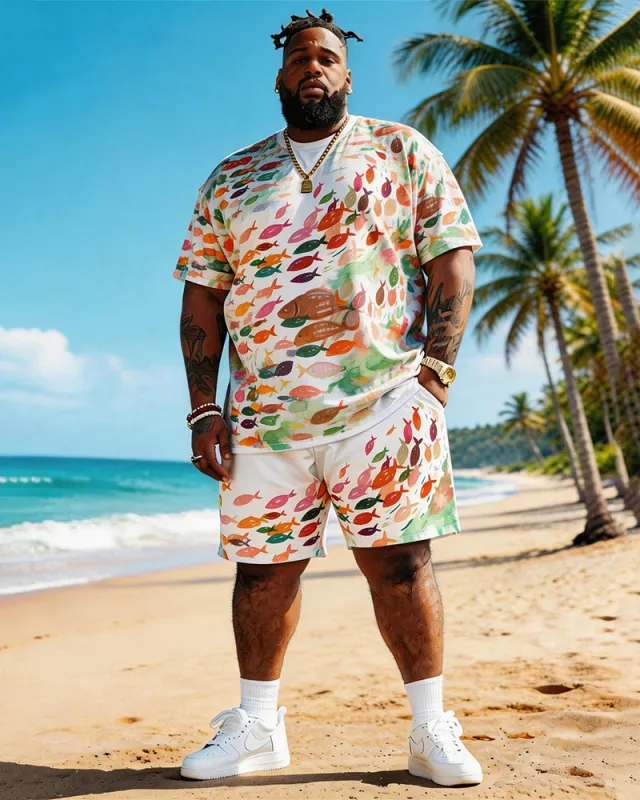 Big & Tall Men's Watercolor Small Fish Print Round Neck Short Sleeve T-Shirt Shorts Set made by Biggmans