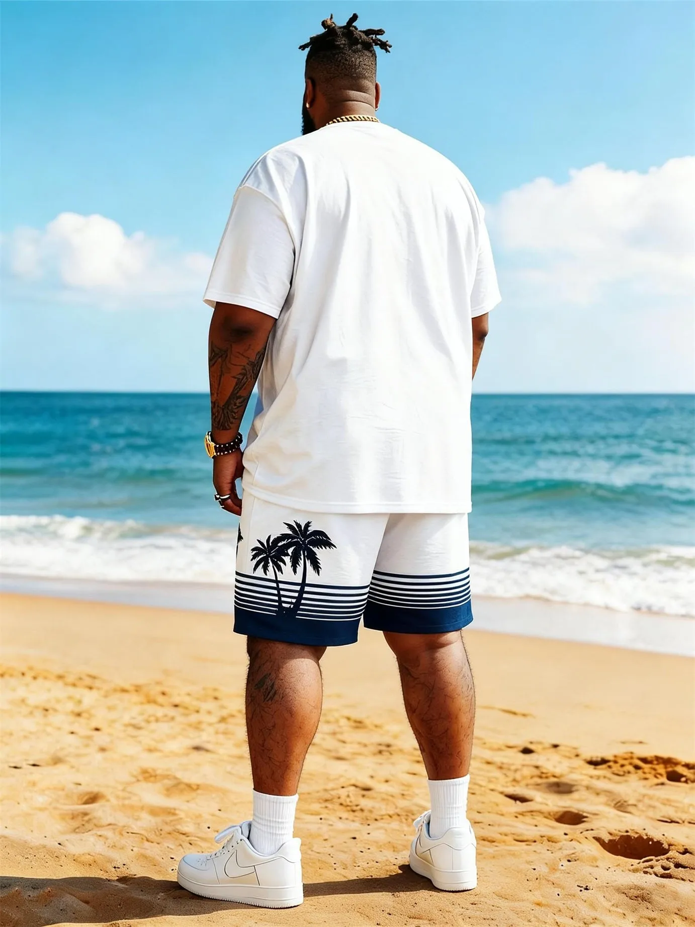 Big & Tall Men's Simple Coconut Stripe Print Round Neck Short Sleeve T-Shirt Shorts Set sold by Biggmans product image thumbnail 4