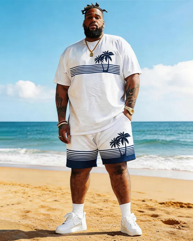 Big & Tall Men's Simple Coconut Stripe Print Round Neck Short Sleeve T-Shirt Shorts Set made by Biggmans