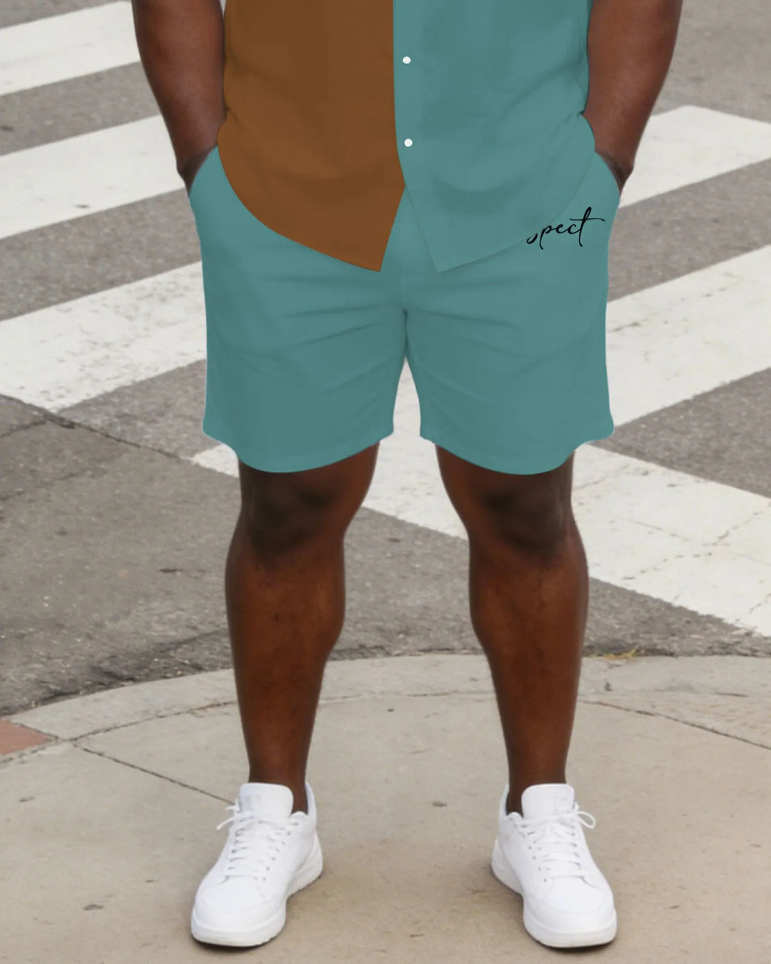 Large Size Men's Tricolor Contrast Short Sleeve Shirt And Shorts Set sold by Biggmans product image thumbnail 3