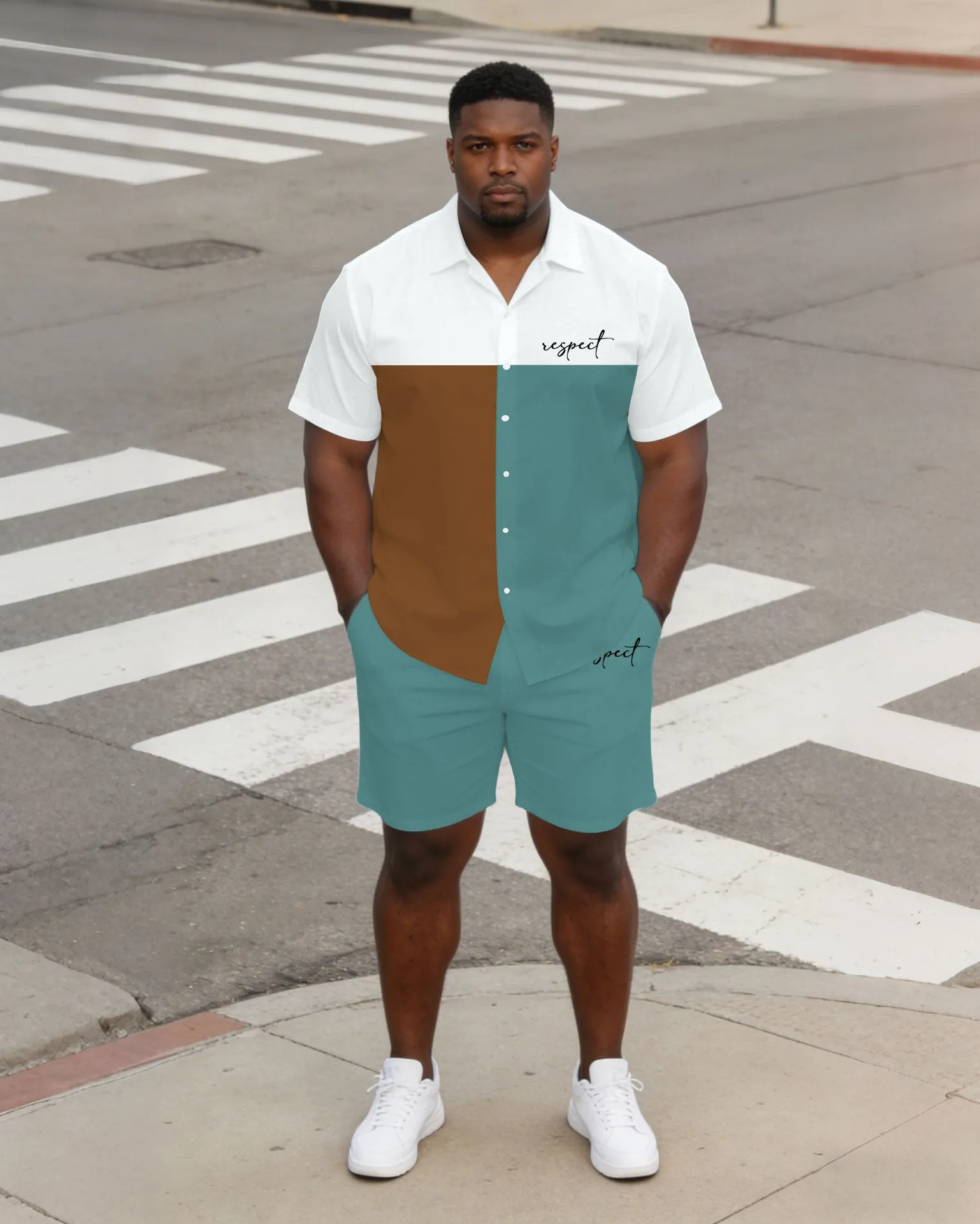 Large Size Men's Tricolor Contrast Short Sleeve Shirt And Shorts Set sold by Biggmans