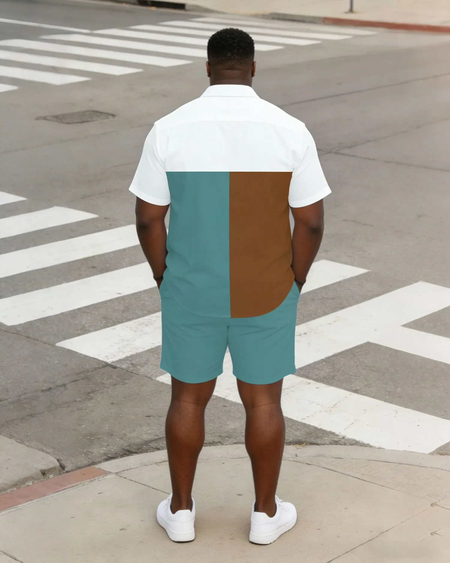 Large Size Men's Tricolor Contrast Short Sleeve Shirt And Shorts Set sold by Biggmans product image thumbnail 4