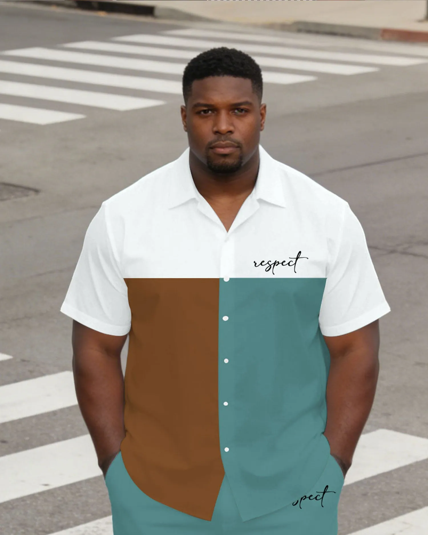 Large Size Men's Tricolor Contrast Short Sleeve Shirt And Shorts Set sold by Biggmans product image thumbnail 2