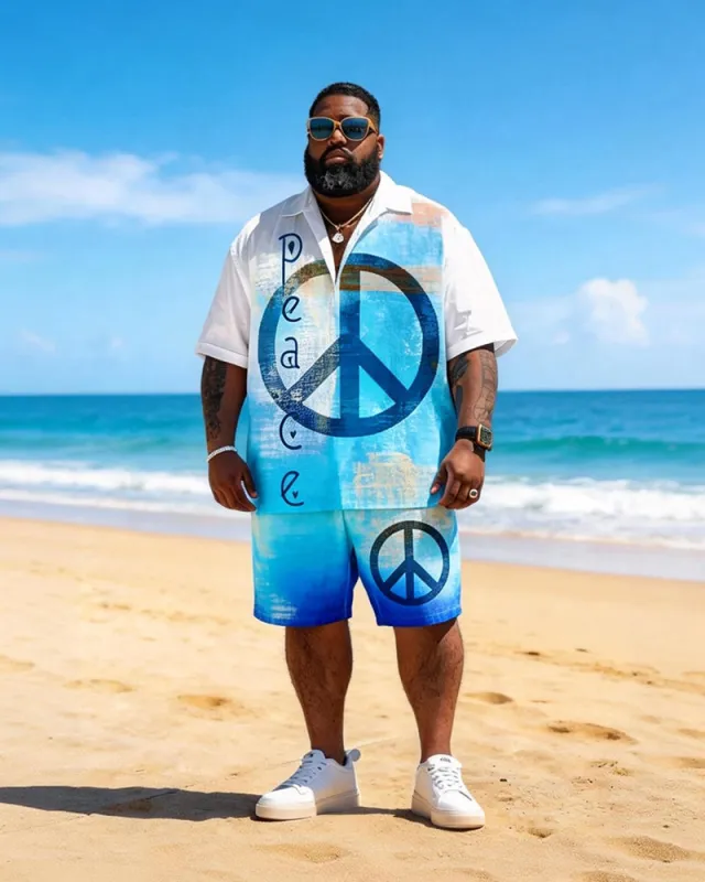 Big & Tall Men's Rainbow And Peace Symbol Print Short Sleeve Shirt Shorts Set made by Biggmans