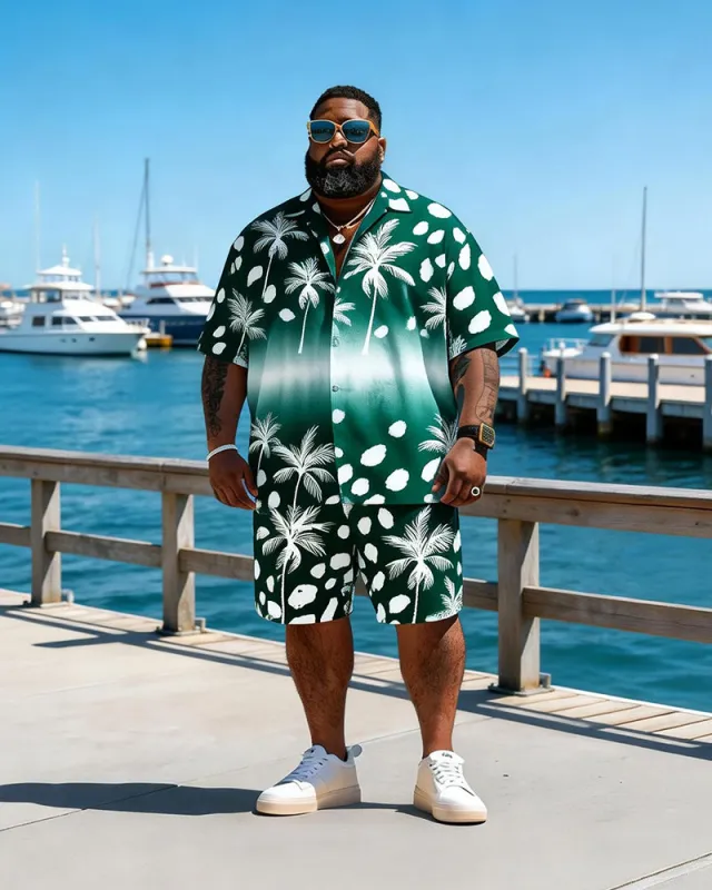 Big & Tall Men's Blue And White Splash Ink Coconut Printed Short Sleeve Shirt Shorts Set made by Biggmans