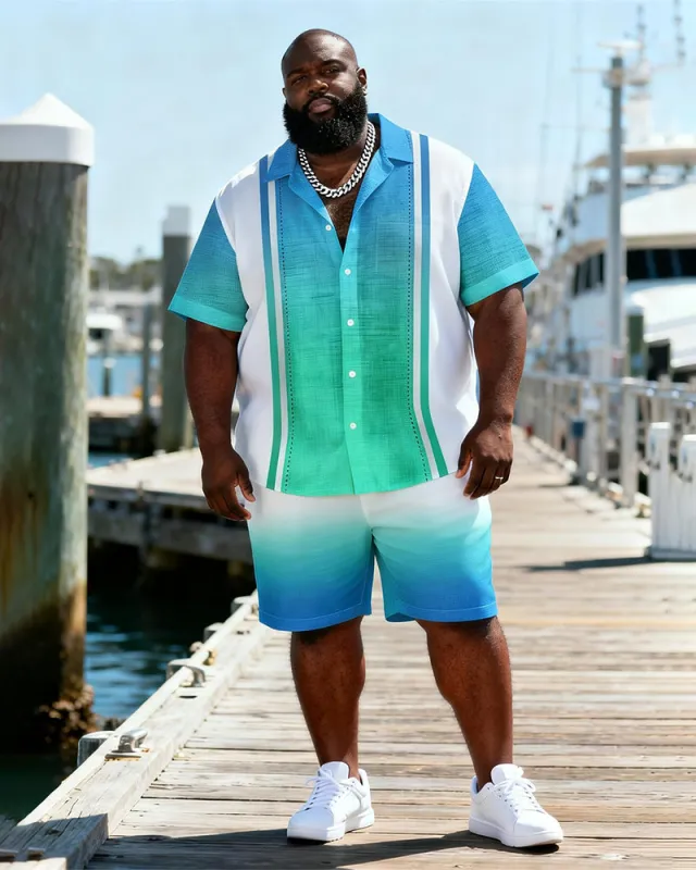 Big & Tall Men's Blue And White Gradient Striped Printed Short Sleeve Shirt Shorts Set made by Biggmans