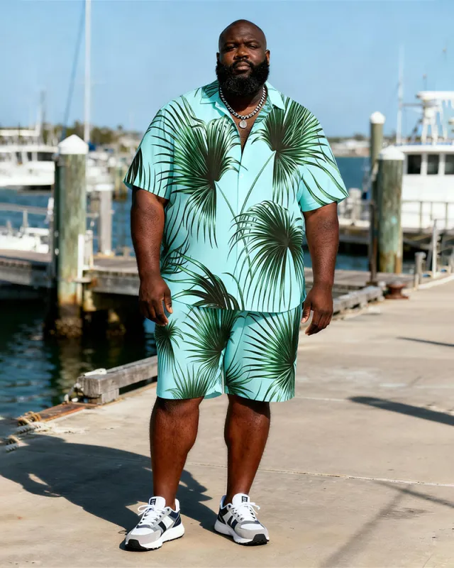 Big & Tall Men's Light Green Bottom Pukui Leaf Printed Short Sleeve Shirt And Shorts Set made by Biggmans