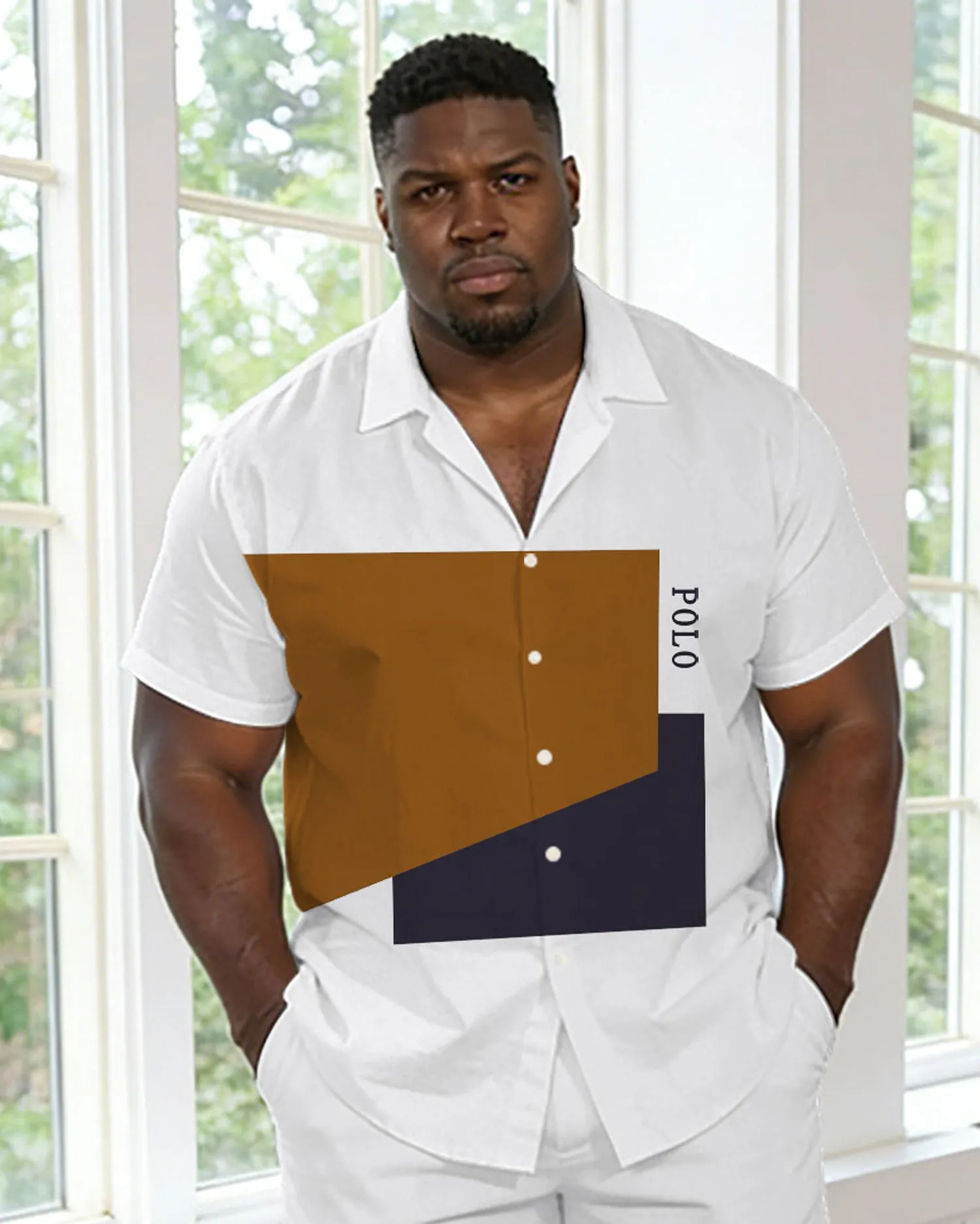 Plus-size Men’s White Contrast-color Short-sleeve Shirt And Pants Set sold by Biggmans product image thumbnail 2